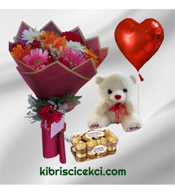 Renkli Gerbera Buketi Ayıcık 16'lı Ferrero Çikolata Kalp Helyum Balon